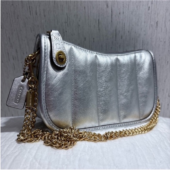 Coach 20 swinger metallic hobo crossbody handbag silver gold two tone mini purse - Picture 7 of 17